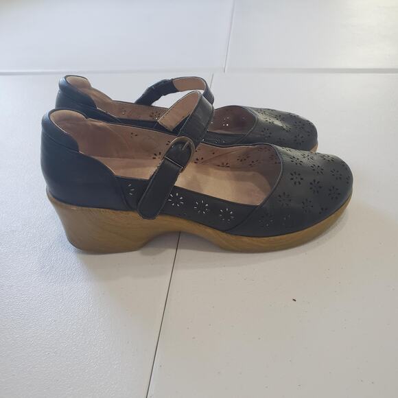 Alegria Mary Jane Wedge Shoes Womens Size EU 39 Black Leather Cutout Whimsy - Picture 1 of 12